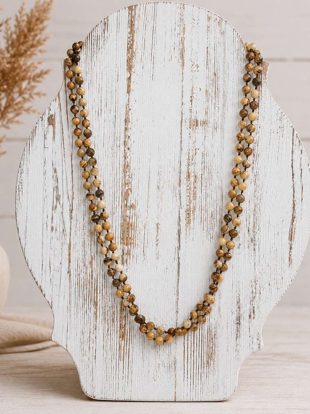 Long Picture Jasper Bead Necklace 66” Knotted Stone Strand Boho Jewelry